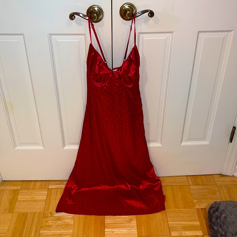 Lottie Moss Red Dotted Silk Dress With Adjustable Straps And Tie-Back